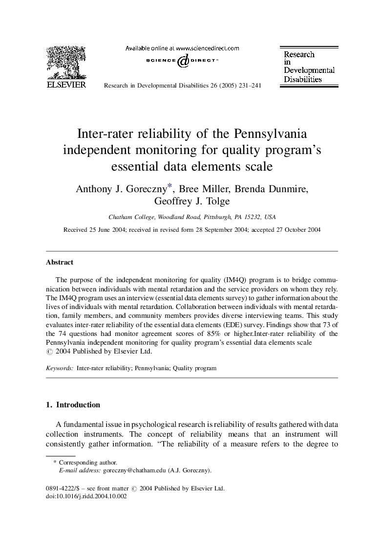 Inter-rater reliability of the Pennsylvania independent monitoring for quality program's essential data elements scale