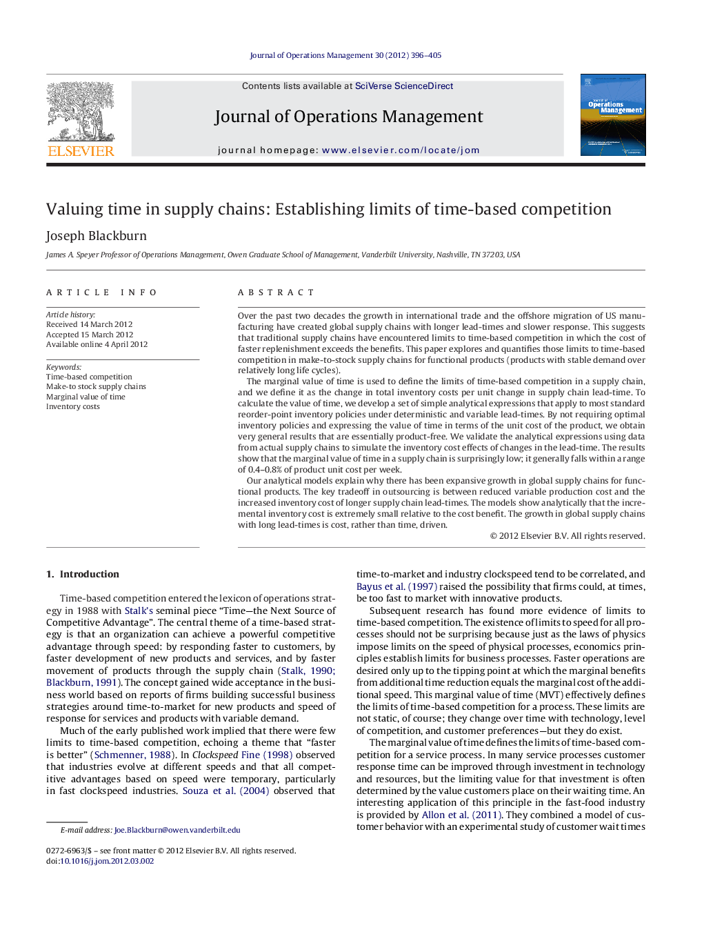 Valuing time in supply chains: Establishing limits of time-based competition