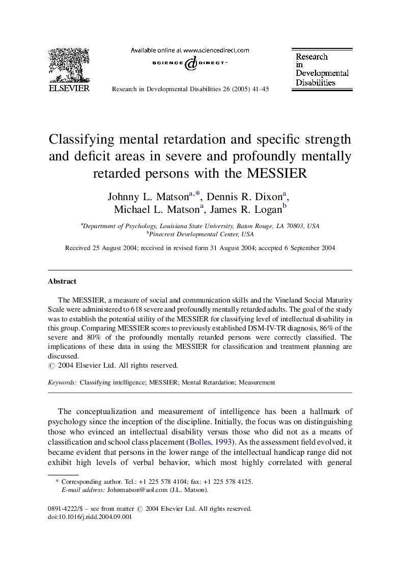 Classifying mental retardation and specific strength and deficit areas in severe and profoundly mentally retarded persons with the MESSIER