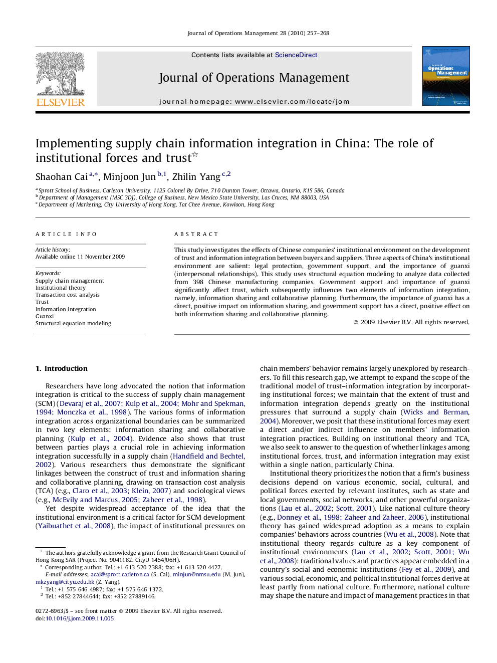 Implementing supply chain information integration in China: The role of institutional forces and trust 