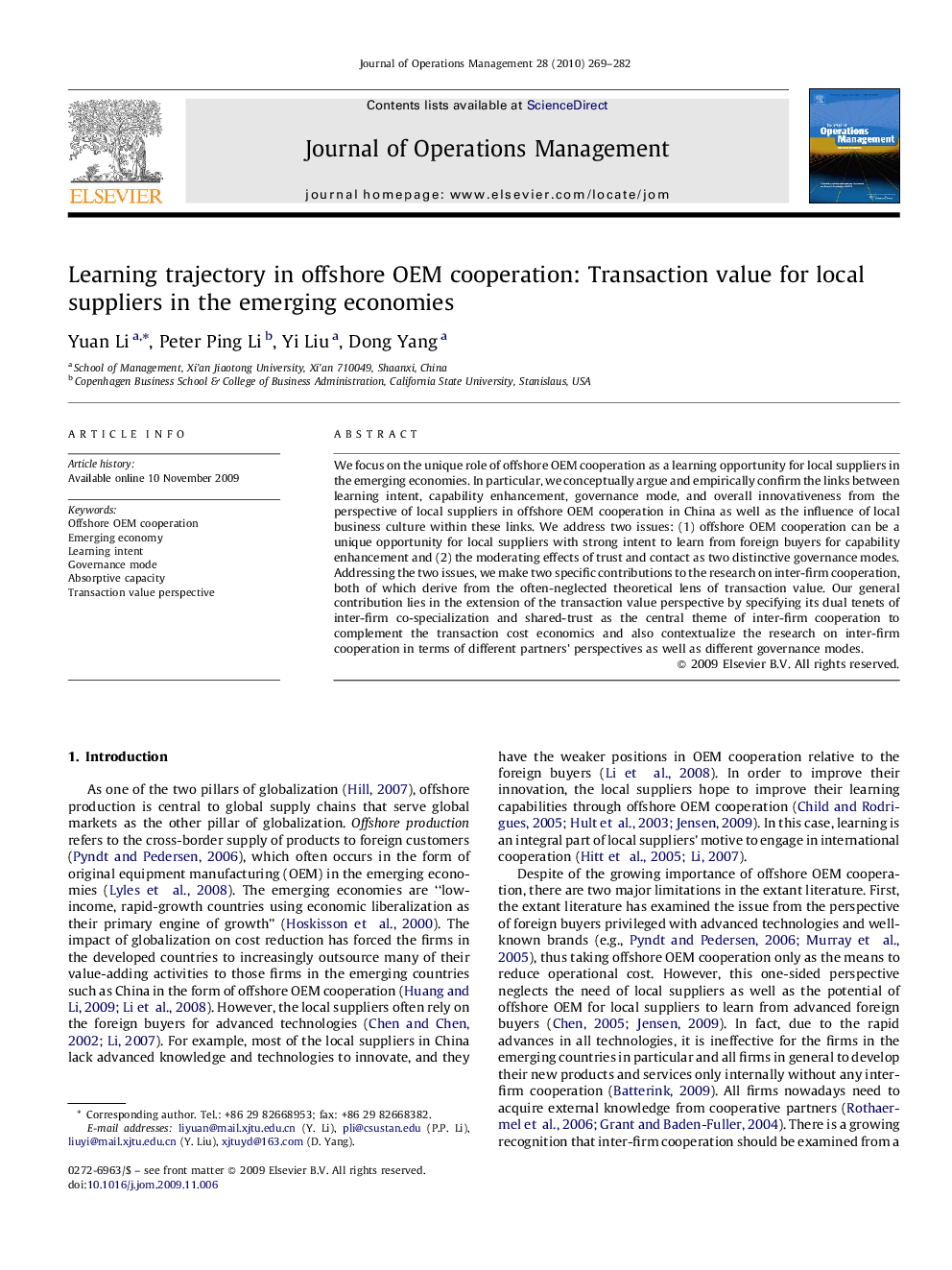 Learning trajectory in offshore OEM cooperation: Transaction value for local suppliers in the emerging economies