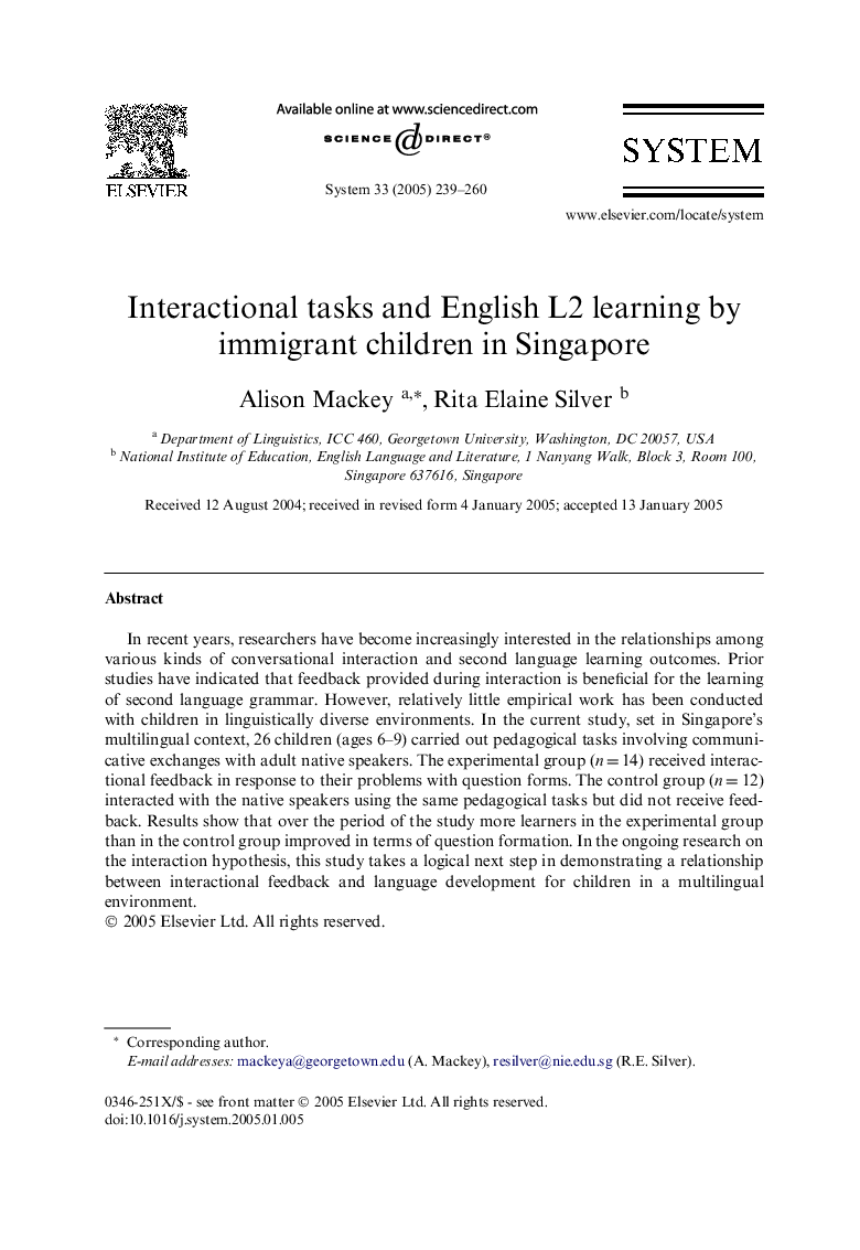 Interactional tasks and English L2 learning by immigrant children in Singapore