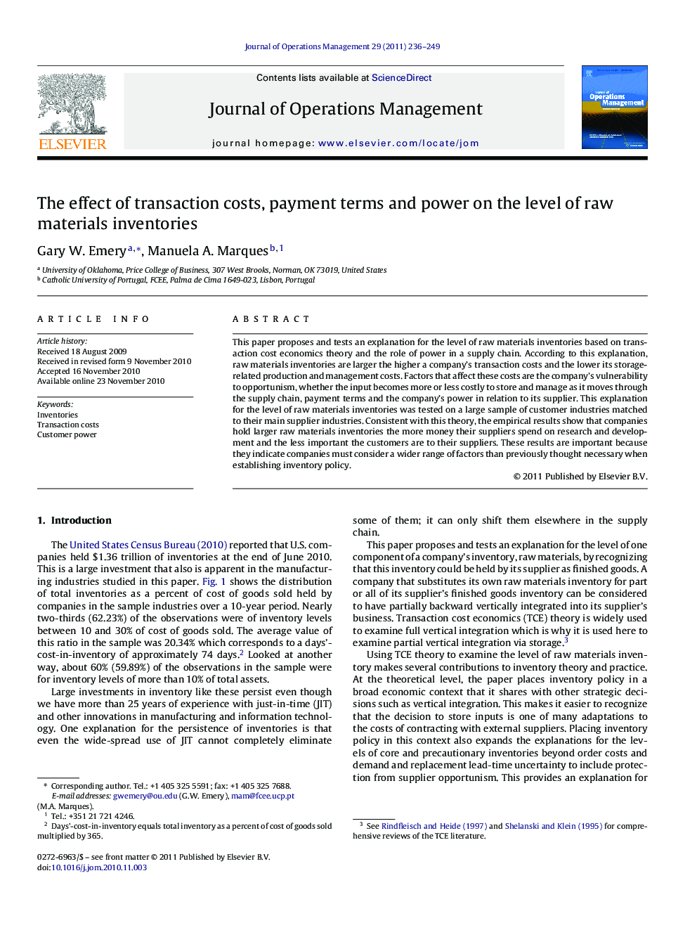 The effect of transaction costs, payment terms and power on the level of raw materials inventories