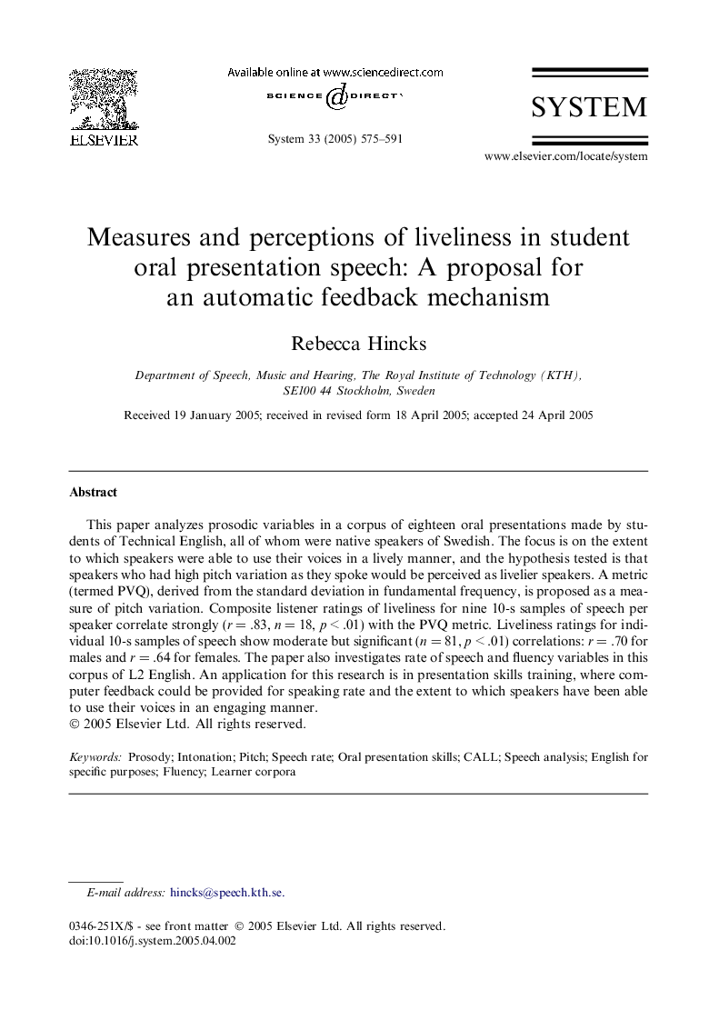 Measures and perceptions of liveliness in student oral presentation speech: A proposal for an automatic feedback mechanism