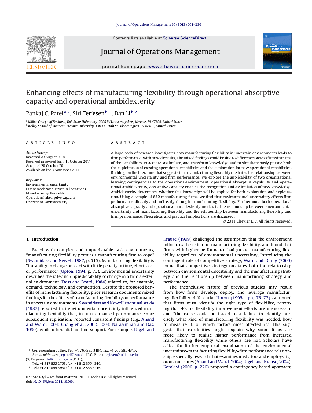 Enhancing effects of manufacturing flexibility through operational absorptive capacity and operational ambidexterity