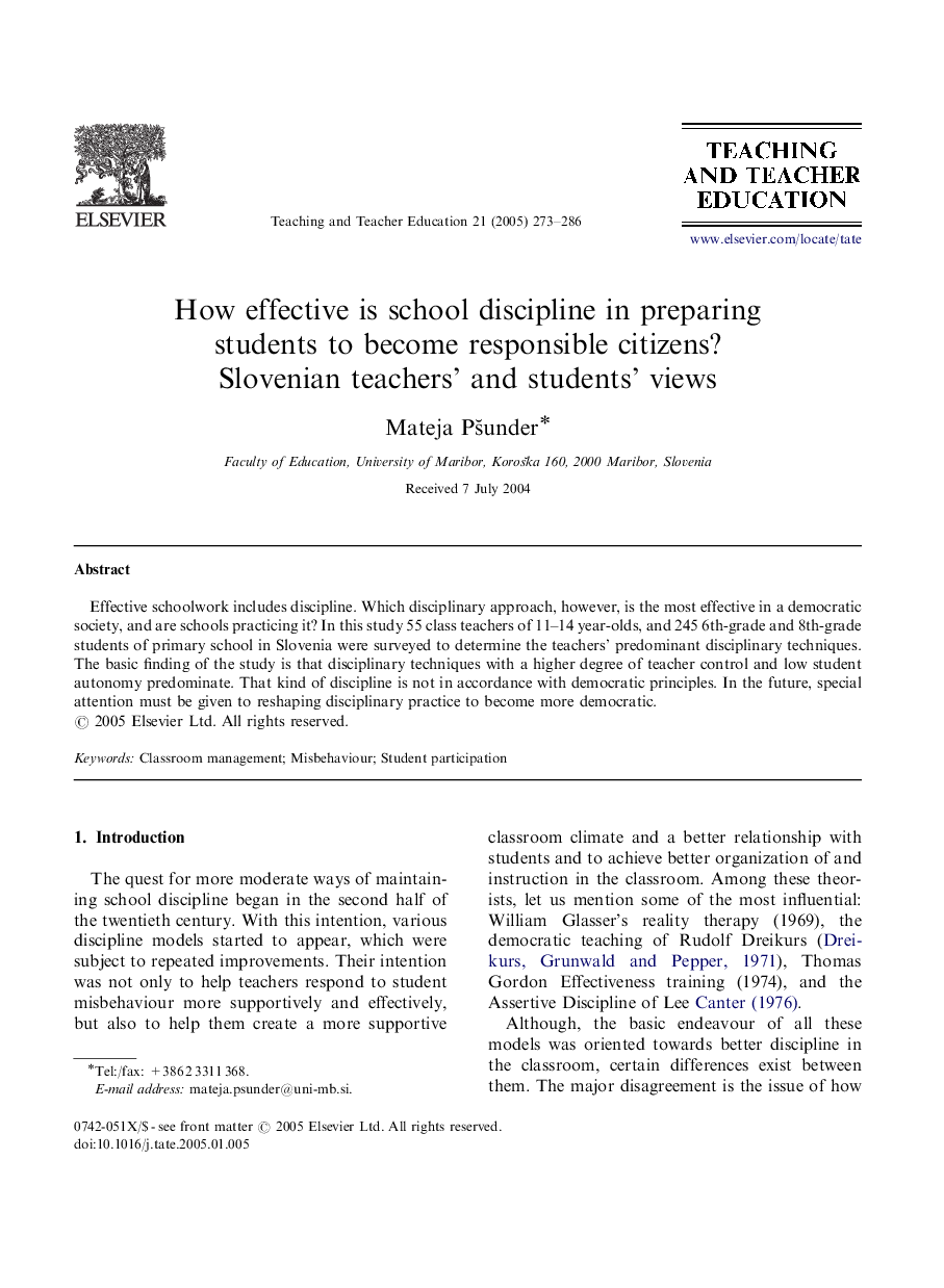 How effective is school discipline in preparing students to become responsible citizens? Slovenian teachers' and students' views