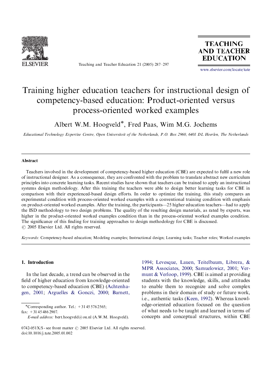 Training higher education teachers for instructional design of competency-based education: Product-oriented versus process-oriented worked examples