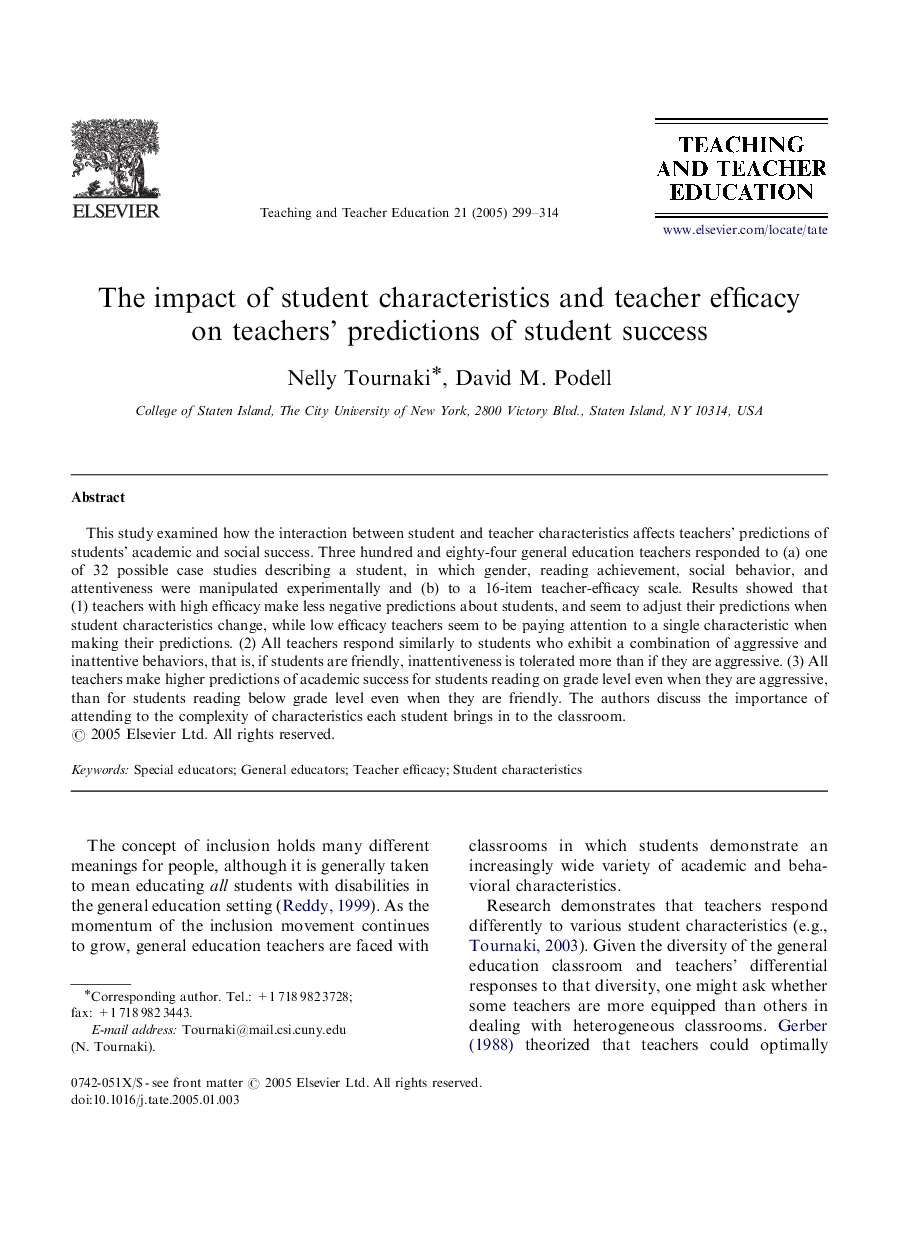 The impact of student characteristics and teacher efficacy on teachers' predictions of student success