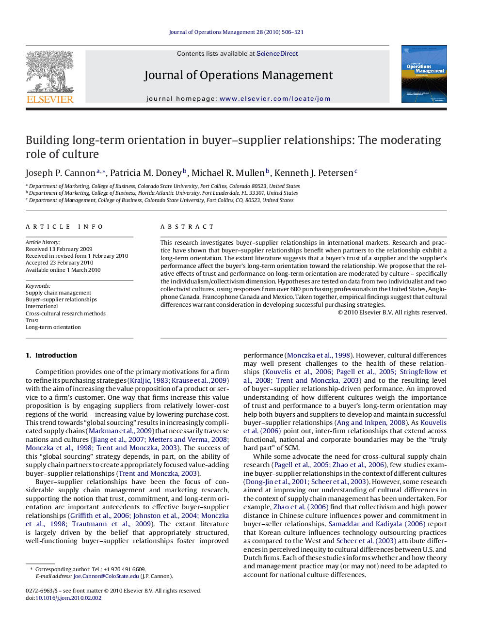 Building long-term orientation in buyer–supplier relationships: The moderating role of culture