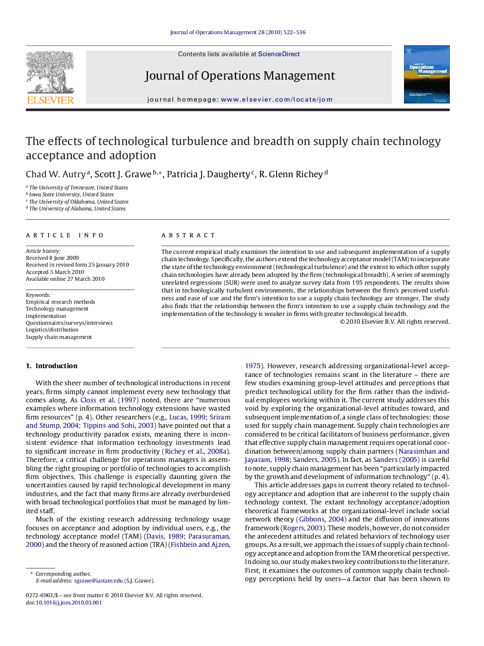 The effects of technological turbulence and breadth on supply chain technology acceptance and adoption