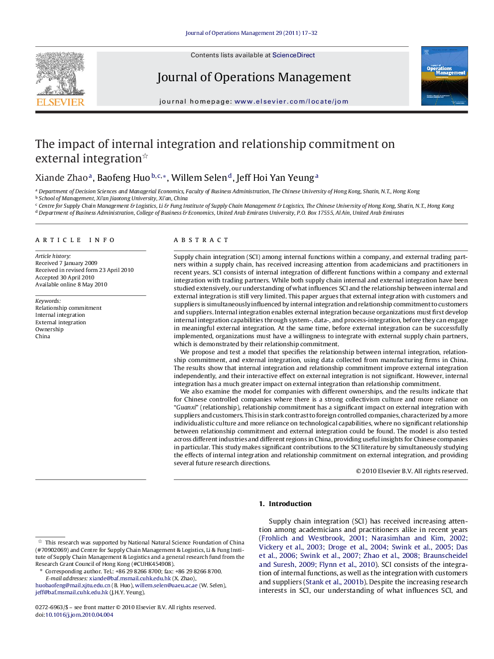 The impact of internal integration and relationship commitment on external integration 