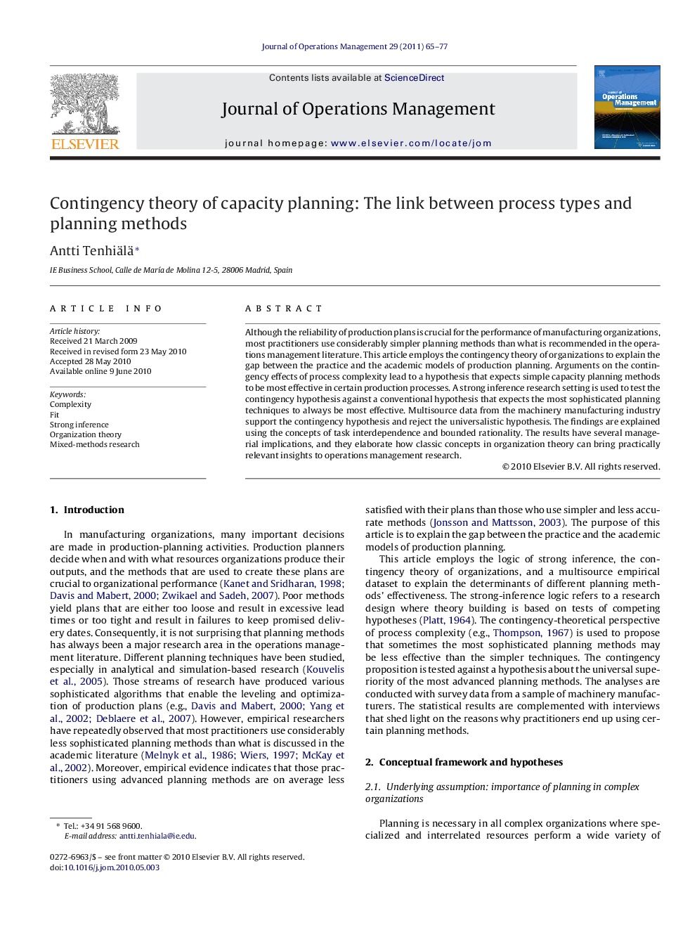 Contingency theory of capacity planning: The link between process types and planning methods