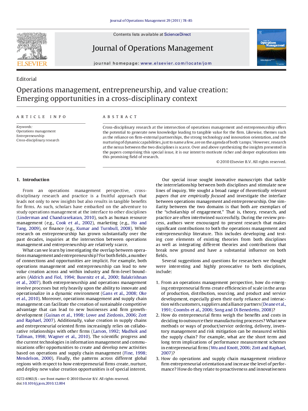 Operations management, entrepreneurship, and value creation: Emerging opportunities in a cross-disciplinary context