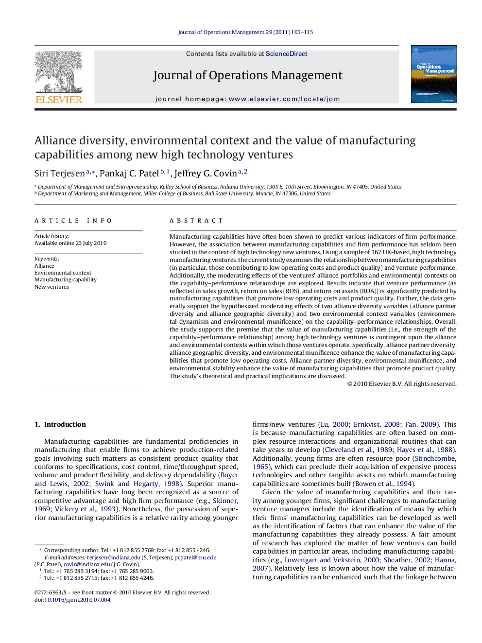 Alliance diversity, environmental context and the value of manufacturing capabilities among new high technology ventures