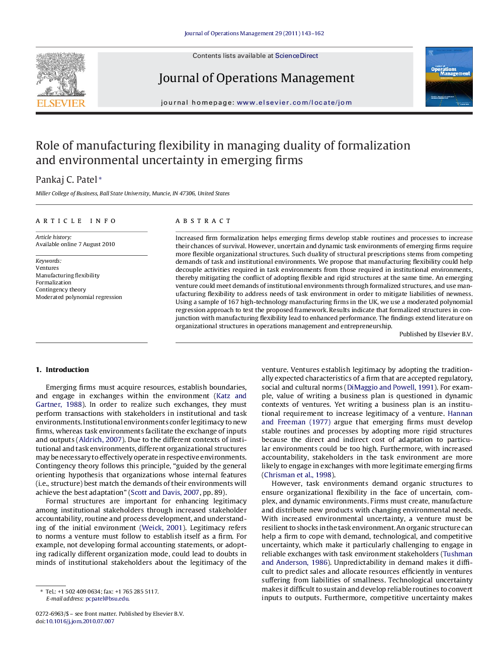 Role of manufacturing flexibility in managing duality of formalization and environmental uncertainty in emerging firms