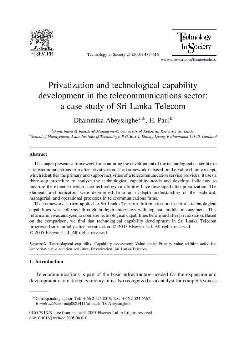 Privatization and technological capability development in the telecommunications sector: a case study of Sri Lanka Telecom