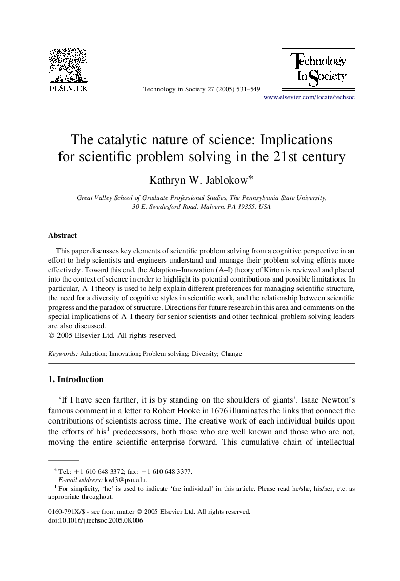 The catalytic nature of science: Implications for scientific problem solving in the 21st century