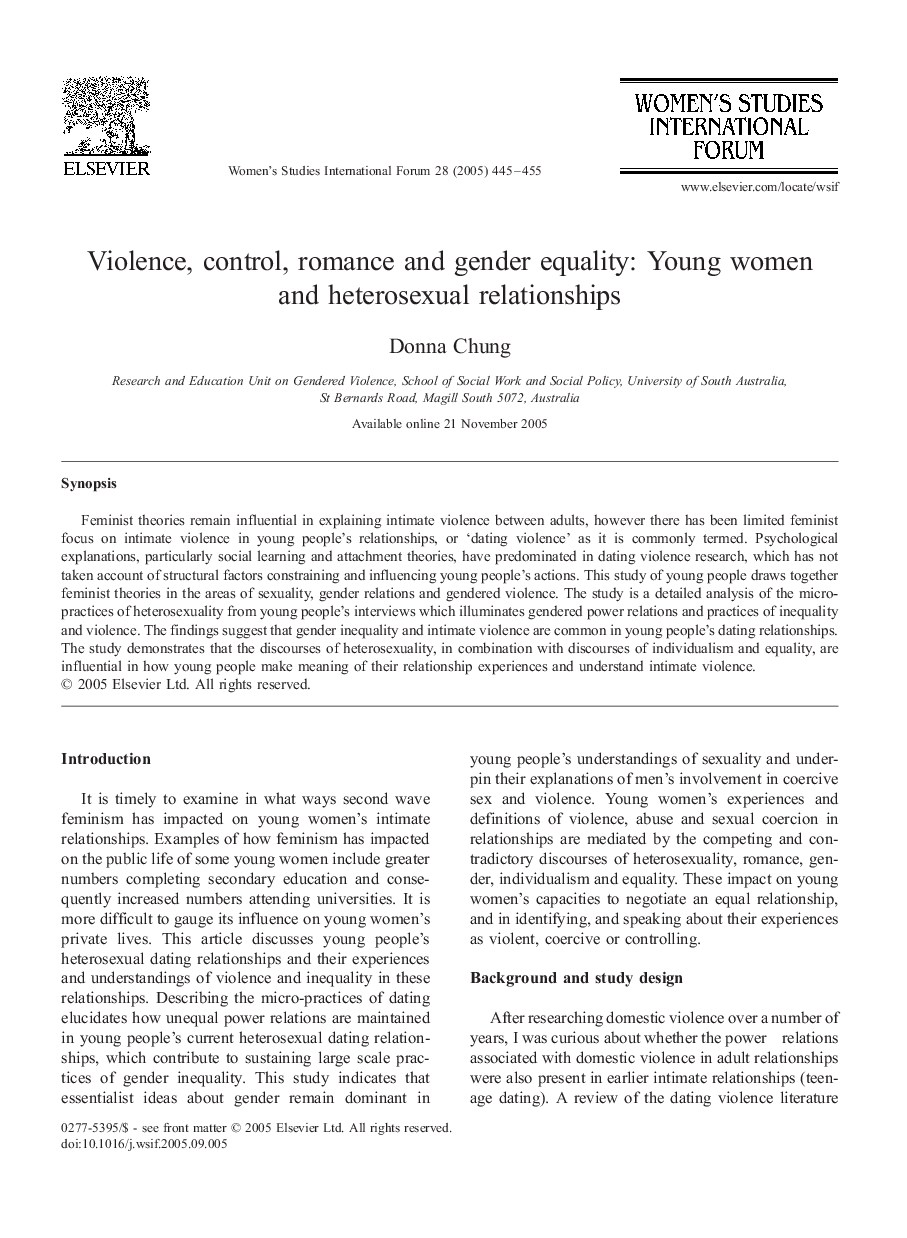 Violence, control, romance and gender equality: Young women and heterosexual relationships