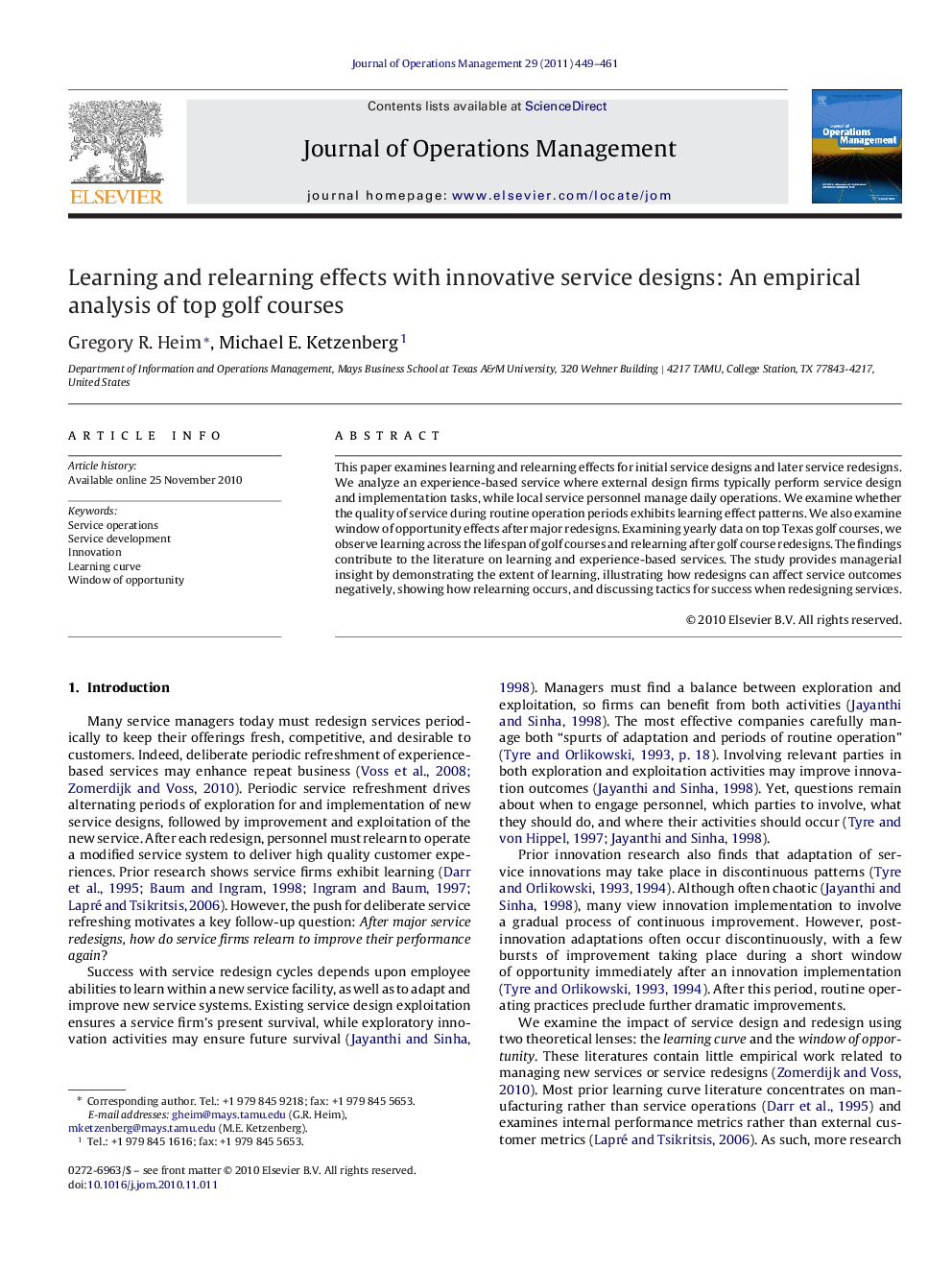 Learning and relearning effects with innovative service designs: An empirical analysis of top golf courses