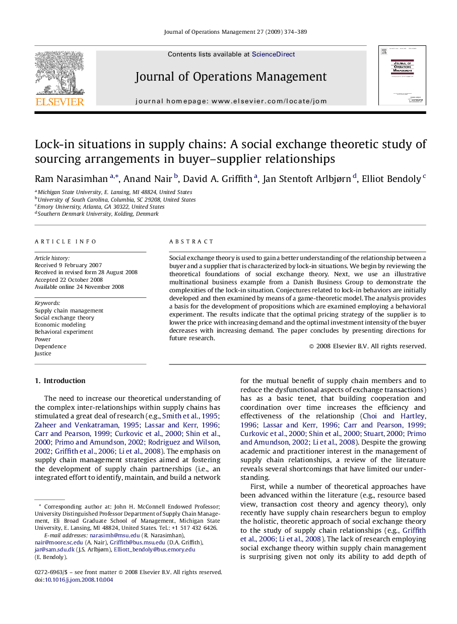 Lock-in situations in supply chains: A social exchange theoretic study of sourcing arrangements in buyer–supplier relationships