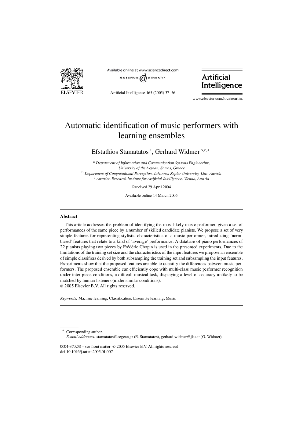 Automatic identification of music performers with learning ensembles