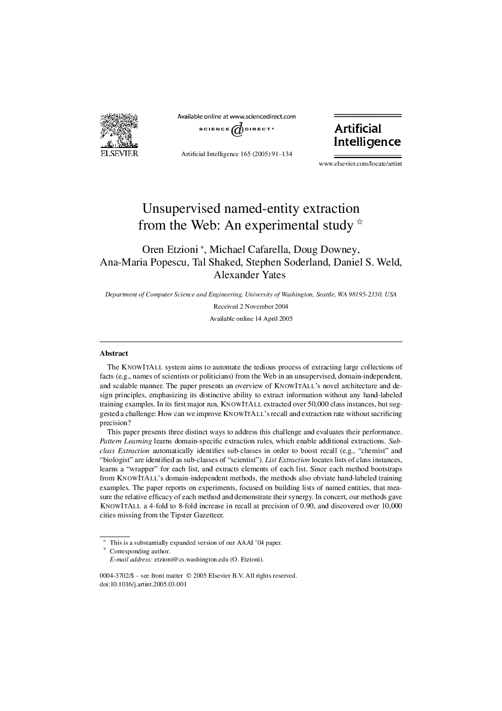 Unsupervised named-entity extraction from the Web: An experimental study