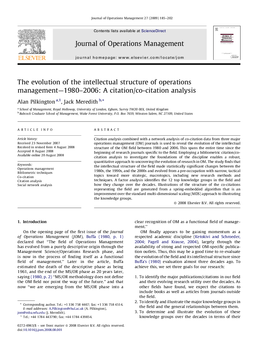 The evolution of the intellectual structure of operations management—1980–2006: A citation/co-citation analysis