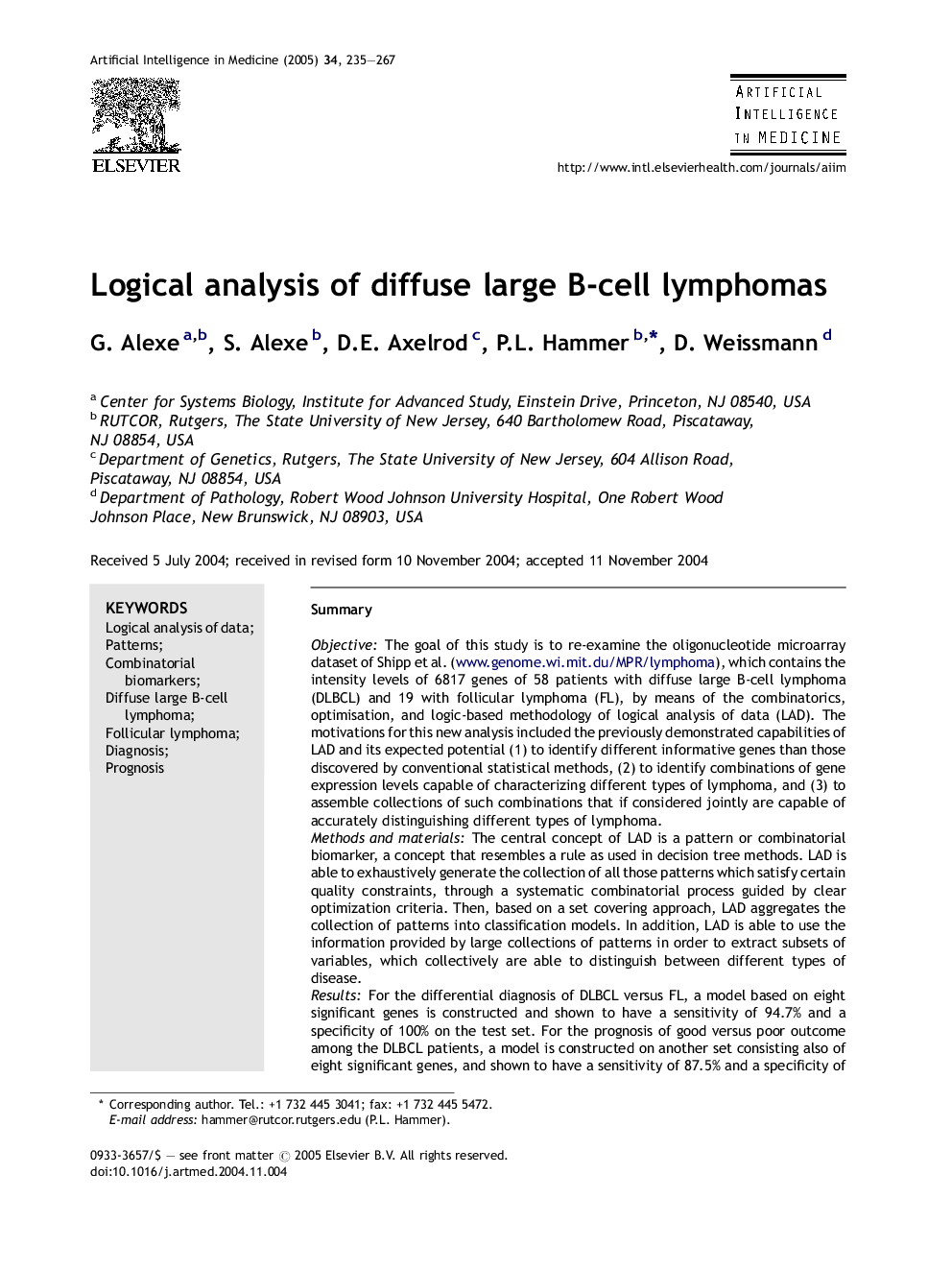 Logical analysis of diffuse large B-cell lymphomas