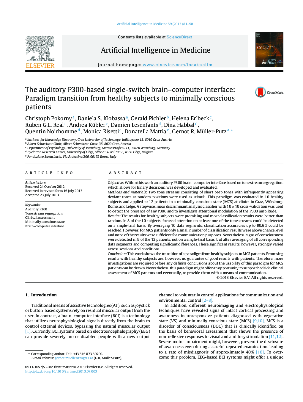 The auditory P300-based single-switch brain-computer interface: Paradigm transition from healthy subjects to minimally conscious patients