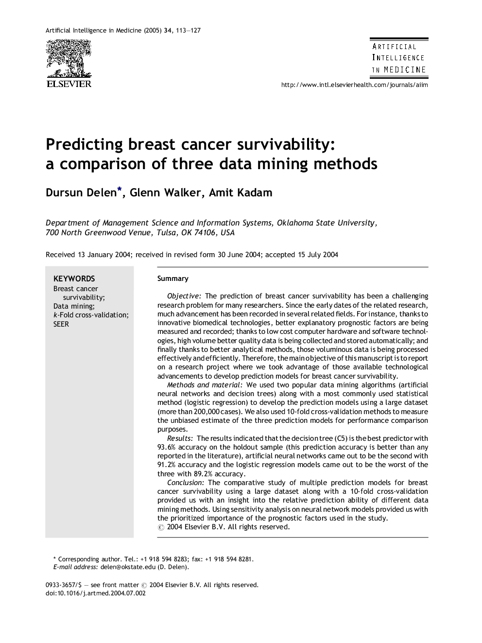 Predicting breast cancer survivability: a comparison of three data mining methods