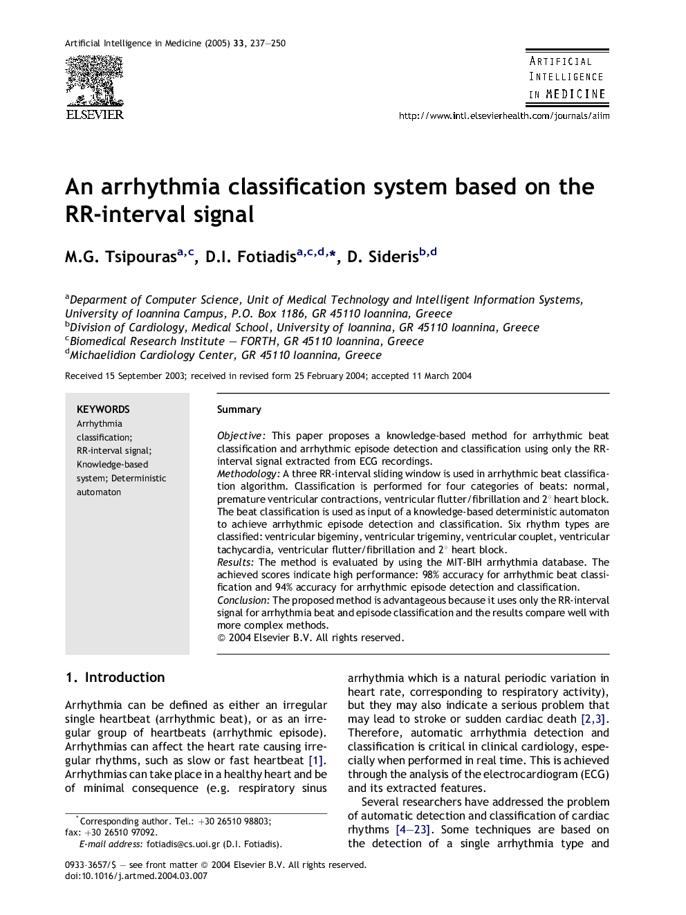 An arrhythmia classification system based on the RR-interval signal