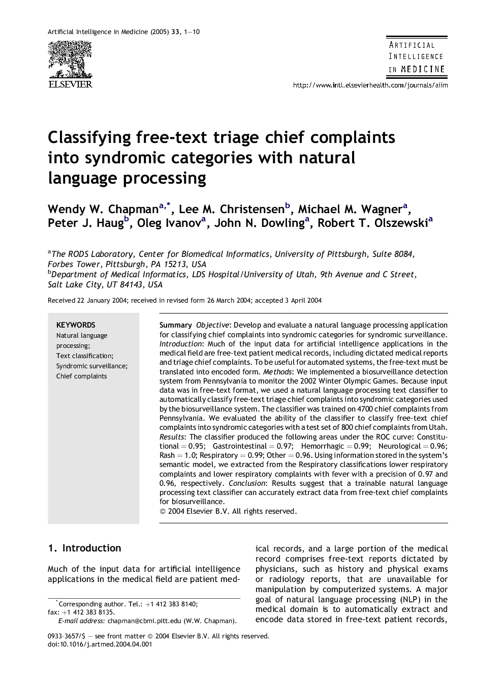Classifying free-text triage chief complaints into syndromic categories with natural language processing