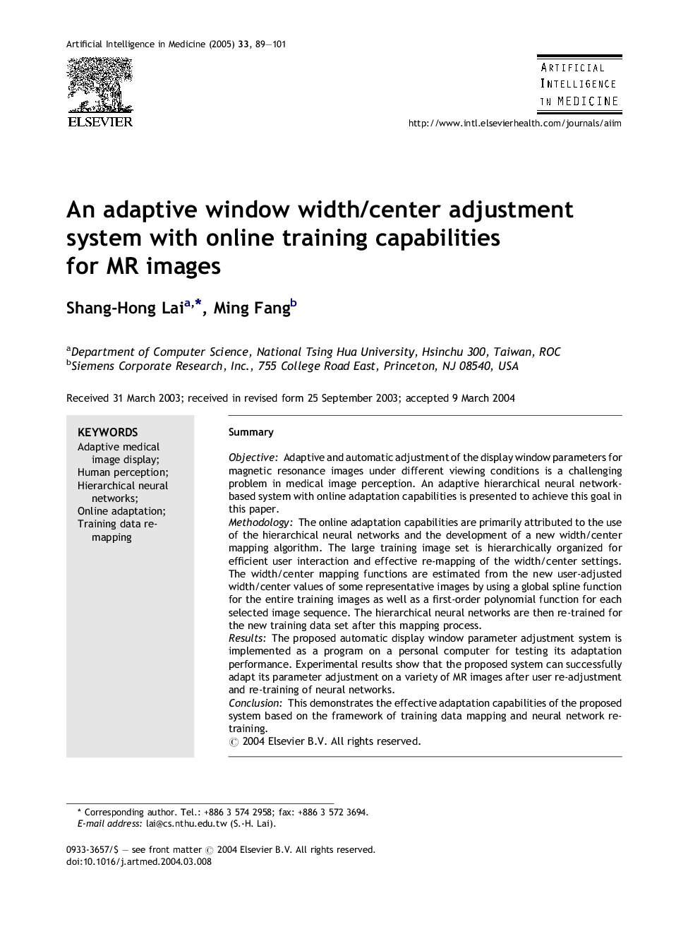 An adaptive window width/center adjustment system with online training capabilities for MR images