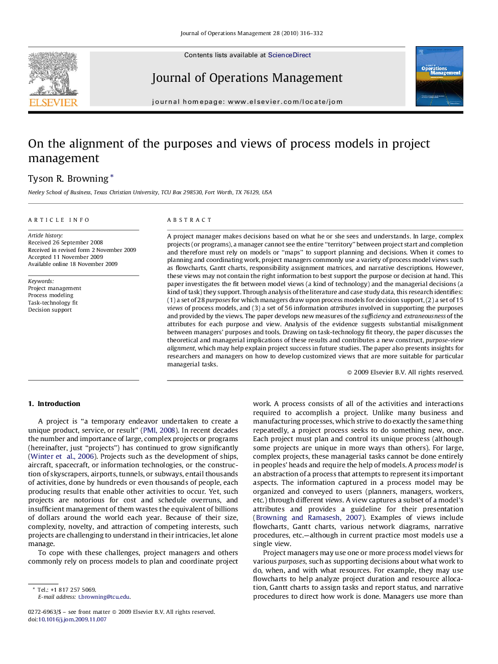 On the alignment of the purposes and views of process models in project management