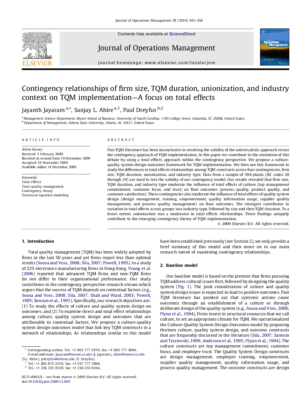 Contingency relationships of firm size, TQM duration, unionization, and industry context on TQM implementation—A focus on total effects