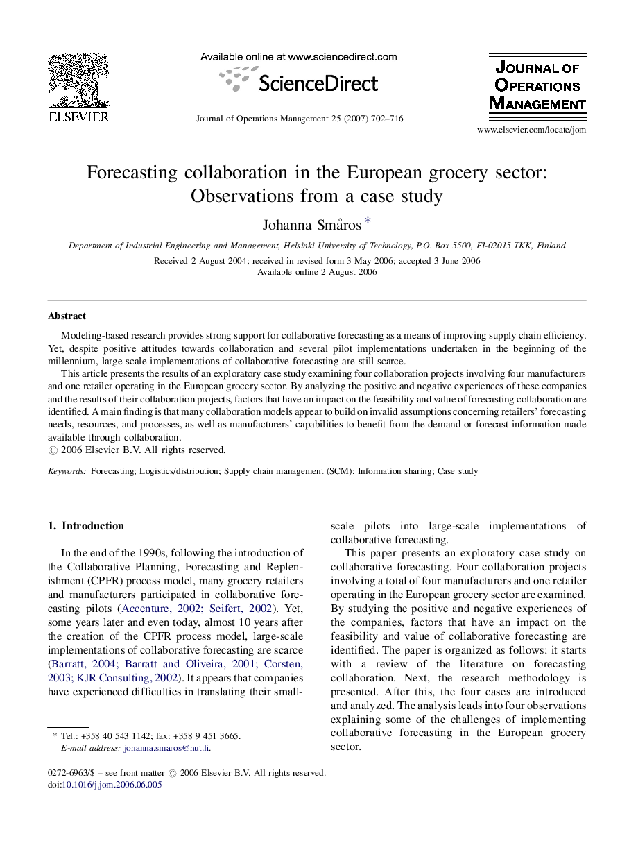 Forecasting collaboration in the European grocery sector: Observations from a case study