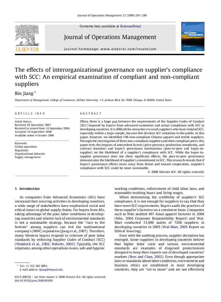 The effects of interorganizational governance on supplier's compliance with SCC: An empirical examination of compliant and non-compliant suppliers