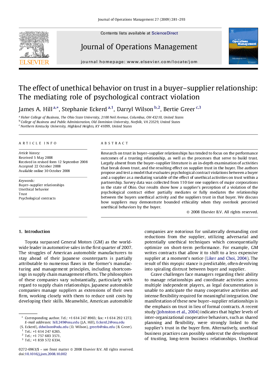 The effect of unethical behavior on trust in a buyer–supplier relationship: The mediating role of psychological contract violation