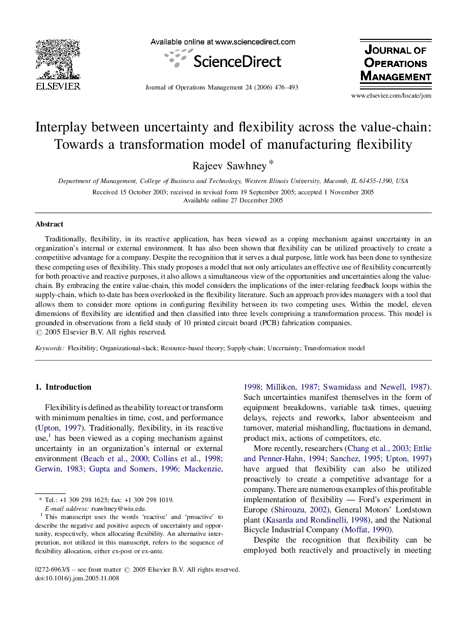 Interplay between uncertainty and flexibility across the value-chain: Towards a transformation model of manufacturing flexibility