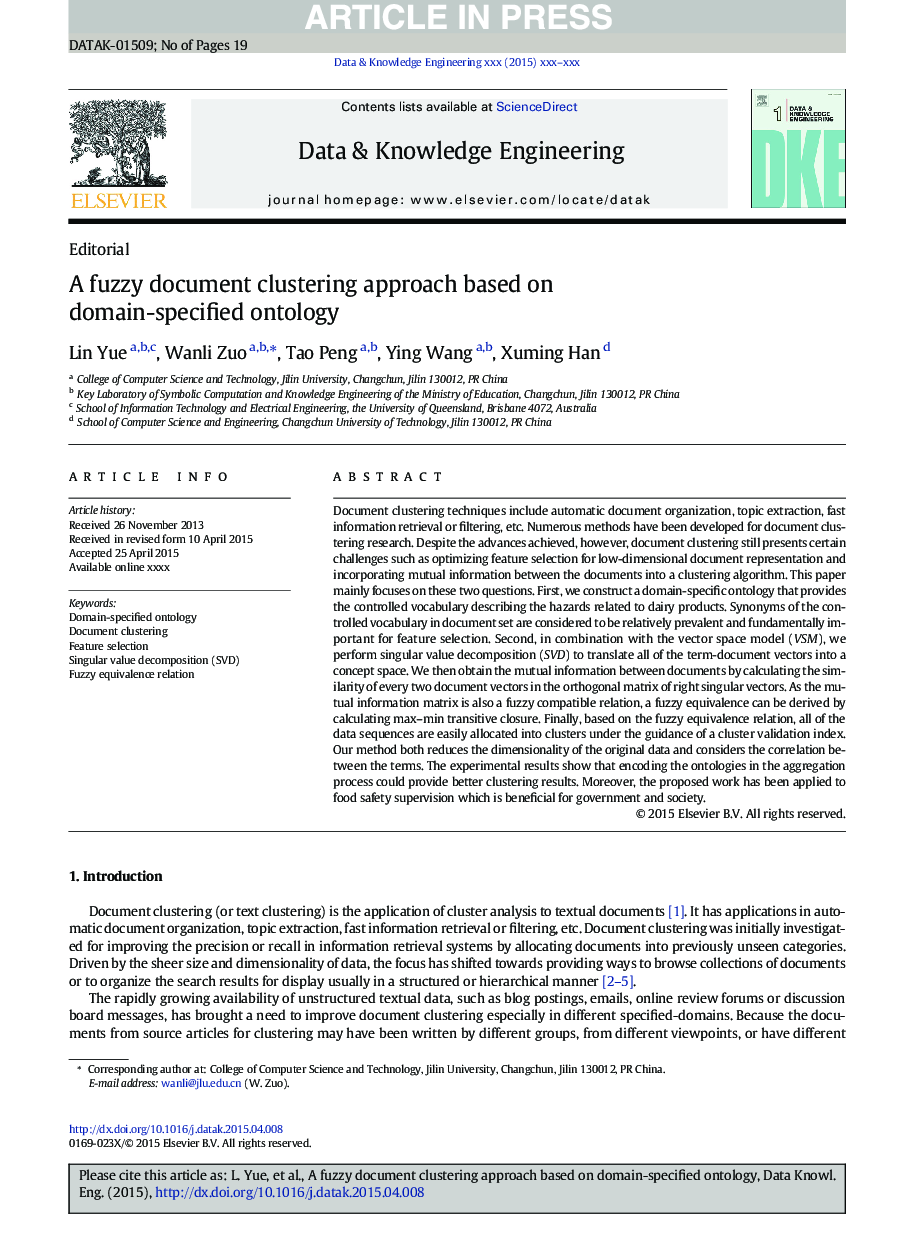 A fuzzy document clustering approach based on domain-specified ontology