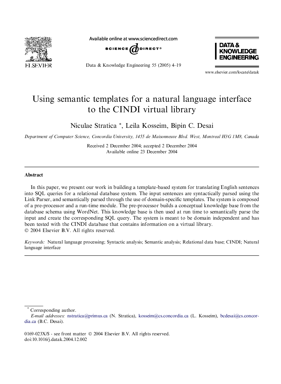 Using semantic templates for a natural language interface to the CINDI virtual library