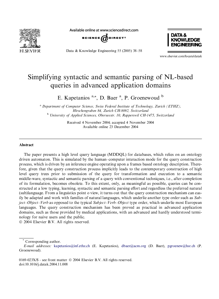 Simplifying syntactic and semantic parsing of NL-based queries in advanced application domains