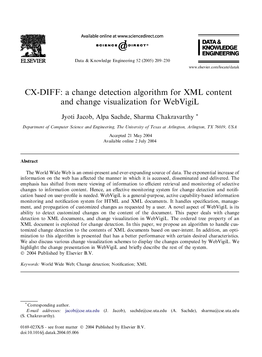 CX-DIFF: a change detection algorithm for XML content and change visualization for WebVigiL