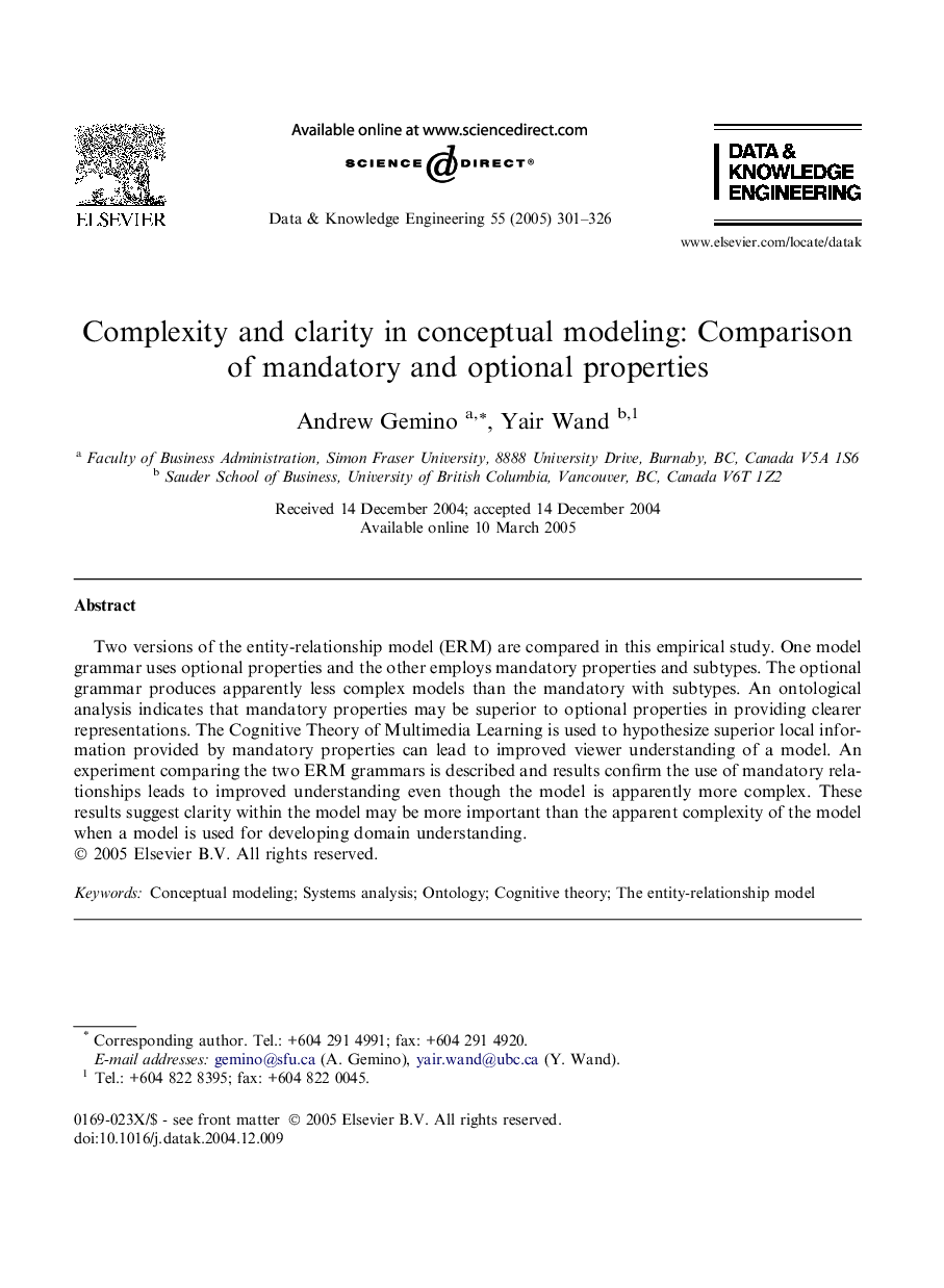 Complexity and clarity in conceptual modeling: Comparison of mandatory and optional properties