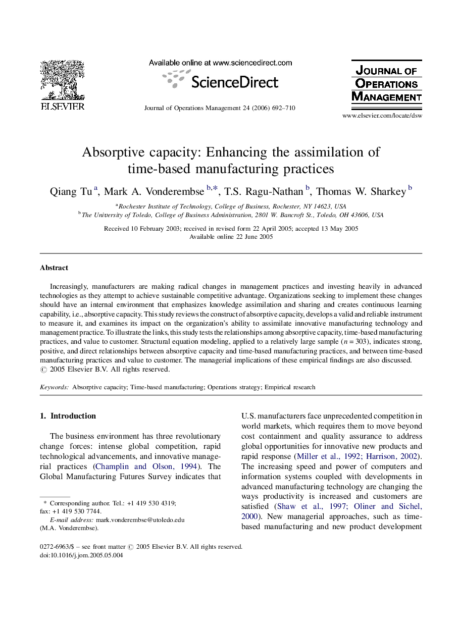 Absorptive capacity: Enhancing the assimilation of time-based manufacturing practices