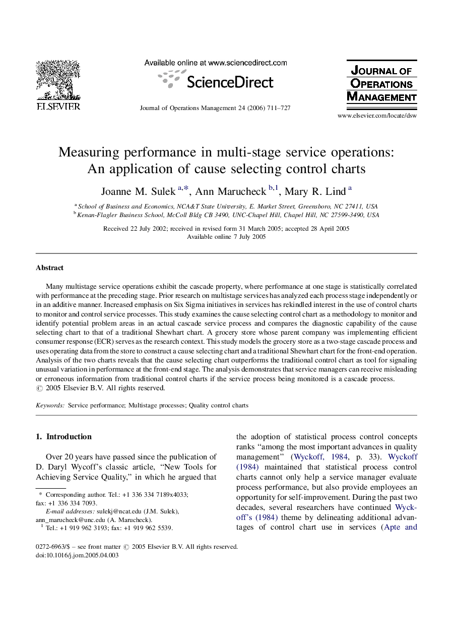 Measuring performance in multi-stage service operations: An application of cause selecting control charts