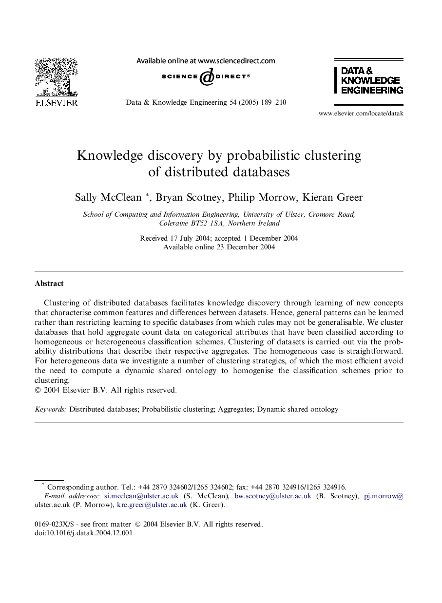 Knowledge discovery by probabilistic clustering of distributed databases