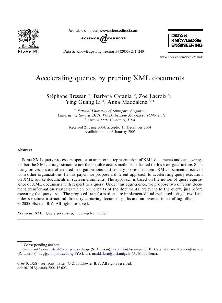 Accelerating queries by pruning XML documents