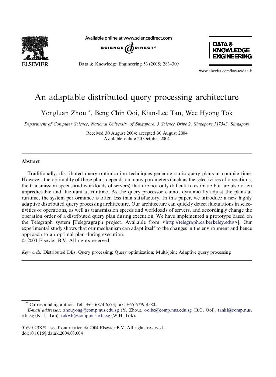 An adaptable distributed query processing architecture