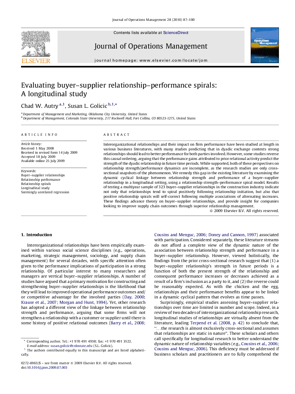 Evaluating buyer–supplier relationship–performance spirals: A longitudinal study